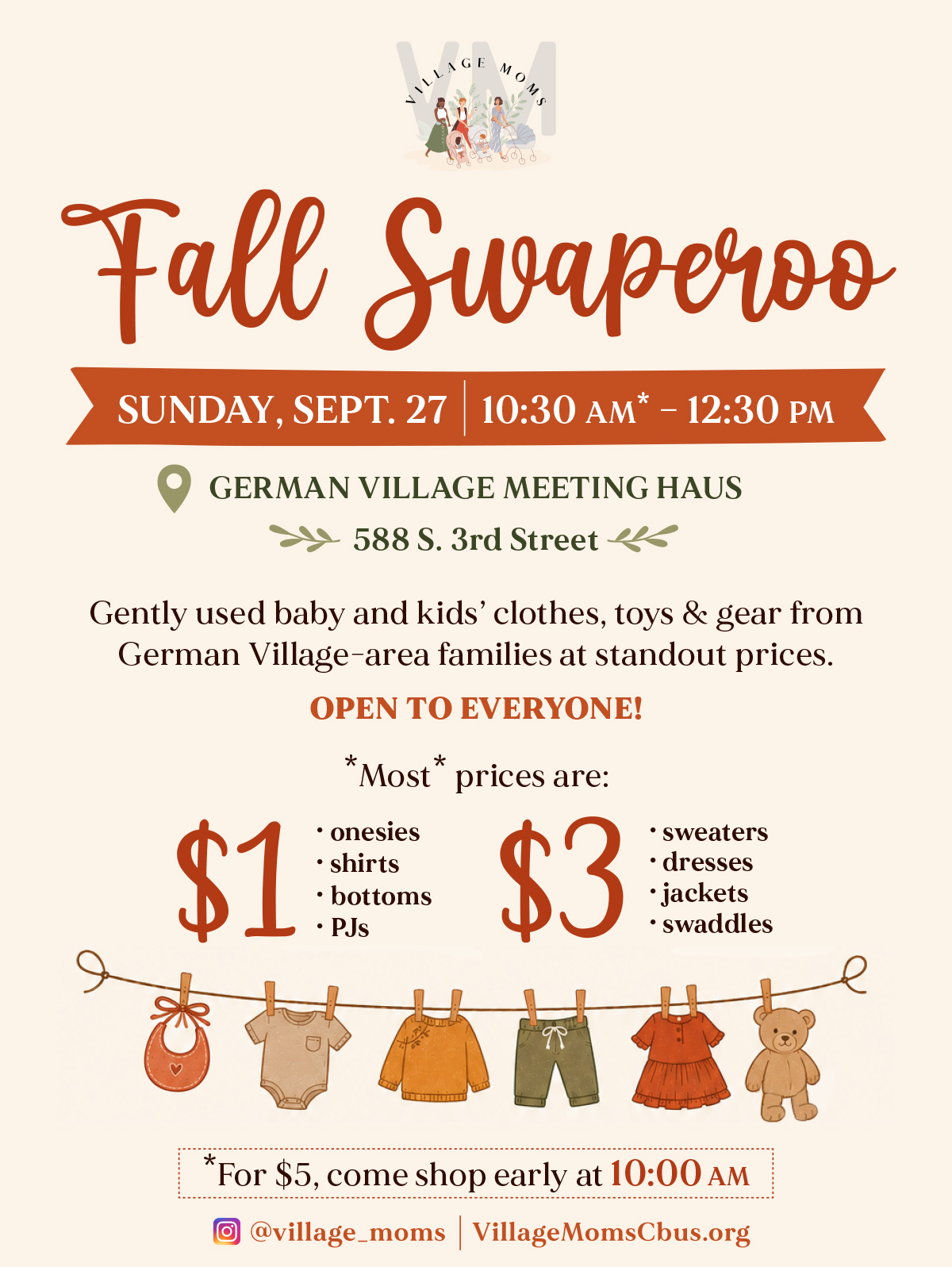 Village Moms 2026 Fall Swaperoo kids' clothing and toy sale event poster