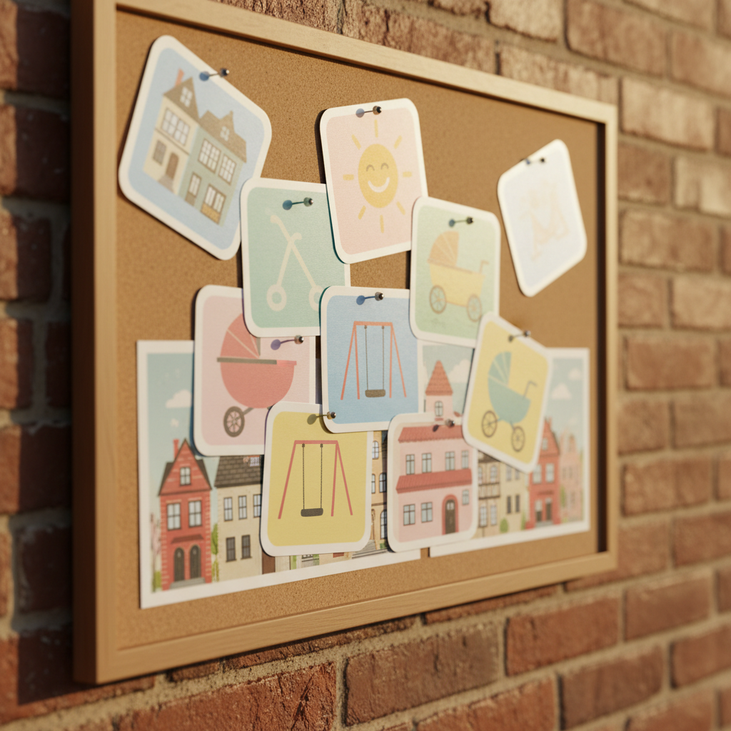 A colorful community bulletin board made from soft cork, covered with overlapping event flyers shaped like playful icons instead of text, each using bright pastel colors that hint at family picnics, playground meetups, and stroller walks. Tiny illustrated houses subtly reference German Village, Schumacher Place, and Merion Village in the background graphics. The board is mounted on a sunlit brick wall reminiscent of historic neighborhood buildings. Late afternoon natural light creates warm highlights on the pushpins and soft shadows along the brick texture. Photographic realism at eye level with a shallow depth of field keeps the center of the board crisp while the edges fade into a gentle blur, giving a cheerful, welcoming, and slightly whimsical atmosphere perfect for a moms’ community homepage hero image.