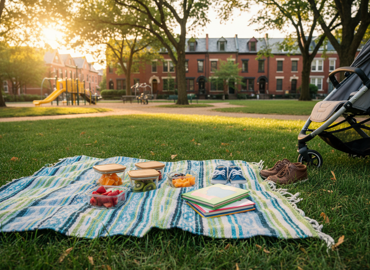A picnic blanket spread on lush green grass in a small urban park, surrounded by mature trees and distant brick townhomes that evoke German Village and neighboring areas. On the blanket sit reusable snack containers filled with colorful fruits, a stack of board books without visible text, a pair of small sneakers beside a larger pair of casual shoes, and a lightweight stroller parked nearby. Late afternoon golden hour sunlight streams through the trees, casting dappled light and leaf-shaped shadows over the blanket. Photographic realism with a low, close-up perspective focused on the blanket while the playground and park paths blur softly in the background, creating a warm, community-centered, playful mood that suggests neighborhood family gatherings and outdoor events.