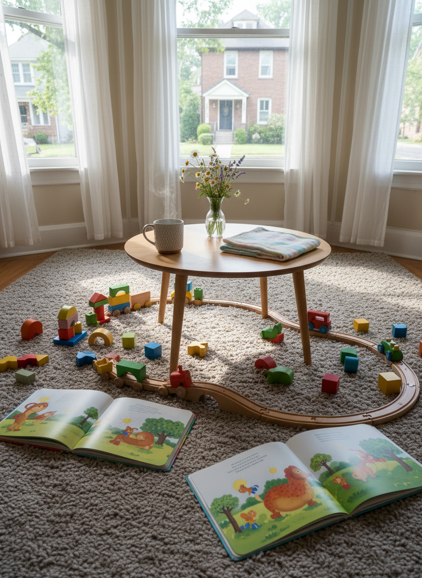 A cozy living room corner arranged for a family playdate, with a plush neutral rug scattered with colorful wooden toys, stacking blocks, and picture books, all carefully open to illustrated pages with no text. A low round coffee table holds a ceramic mug of tea, a small vase of fresh wildflowers, and a neatly folded baby blanket in soft pastel stripes. Large windows reveal a glimpse of leafy neighborhood streets outside, suggesting the charm of German Village and surrounding areas. Soft morning sunlight filters through sheer curtains, creating gentle highlights on the toys and subtle shadows across the rug. Photographic realism from a slightly elevated angle, balanced composition, and warm, inviting mood that feels playful yet calm, ideal for illustrating everyday support for local moms.
