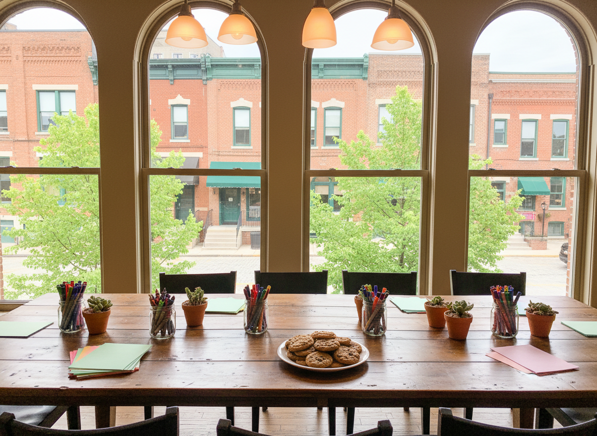 A welcoming community room set up for a moms’ group event, featuring a long wooden table covered with craft supplies: jars of colorful crayons and markers, neatly stacked construction paper with no text, small potted plants ready to decorate, and a tray of homemade-style cookies on a simple ceramic plate. In the background, large windows reveal red-brick buildings and tree-lined streets hinting at German Village, Schumacher Place, and Merion Village. Overhead pendant lights cast warm, even illumination, while soft natural light from the windows adds gentle highlights along the table. Photographic realism at an eye-level, slightly angled composition that leads the viewer’s eye down the table. The atmosphere feels lively, inclusive, and playful, showing preparation for a family-friendly neighborhood gathering without depicting any people.