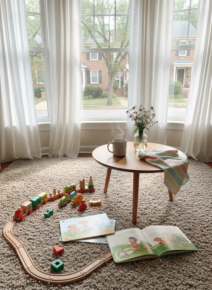A cozy living room corner arranged for a family playdate, with a plush neutral rug scattered with colorful wooden toys, stacking blocks, and picture books, all carefully open to illustrated pages with no text. A low round coffee table holds a ceramic mug of tea, a small vase of fresh wildflowers, and a neatly folded baby blanket in soft pastel stripes. Large windows reveal a glimpse of leafy neighborhood streets outside, suggesting the charm of German Village and surrounding areas. Soft morning sunlight filters through sheer curtains, creating gentle highlights on the toys and subtle shadows across the rug. Photographic realism from a slightly elevated angle, balanced composition, and warm, inviting mood that feels playful yet calm, ideal for illustrating everyday support for local moms.