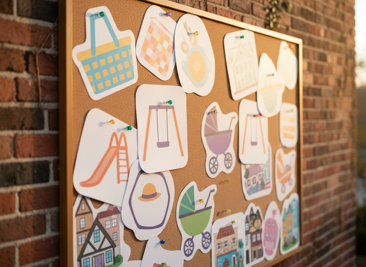 A colorful community bulletin board made from soft cork, covered with overlapping event flyers shaped like playful icons instead of text, each using bright pastel colors that hint at family picnics, playground meetups, and stroller walks. Tiny illustrated houses subtly reference German Village, Schumacher Place, and Merion Village in the background graphics. The board is mounted on a sunlit brick wall reminiscent of historic neighborhood buildings. Late afternoon natural light creates warm highlights on the pushpins and soft shadows along the brick texture. Photographic realism at eye level with a shallow depth of field keeps the center of the board crisp while the edges fade into a gentle blur, giving a cheerful, welcoming, and slightly whimsical atmosphere perfect for a moms’ community homepage hero image.