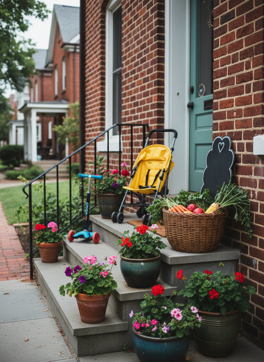 A cheerful front porch scene of a historic brick home reminiscent of German Village, with wide stone steps and a painted wooden door. On the steps sit several colorful flower pots, a folded compact stroller, a children’s scooter leaned against the railing, and a woven basket filled with farmers’ market produce. A chalkboard-style sign shaped iconically with no readable text rests by the door, suggesting a friendly moms’ meetup. Soft, overcast daylight creates even, flattering illumination with gentle shadows that emphasize the brick texture and greenery. Photographic realism from a slightly elevated, three-quarter angle, with strong depth that shows the quiet residential street receding behind the house. The mood is welcoming, neighborly, and playful, symbolizing the local moms’ community without showing any people.